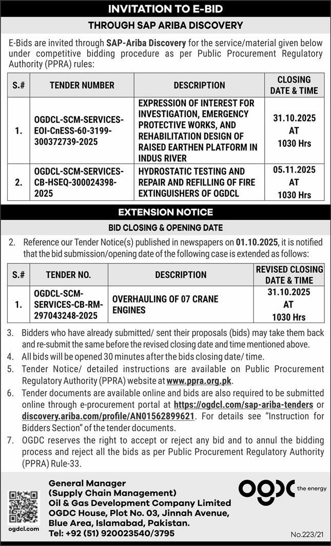 Oil & Gas Development Company Limited Islamabad Tender Notice